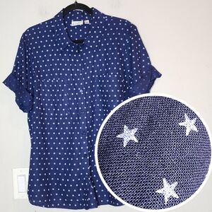 Joan Rivers Linen Star Print Blue White Short Sleee Button Shirt Women's Size L